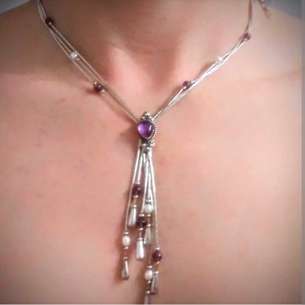 Vintage Carolyn Pollack QT Liquid Silver Amethyst And Pearl Necklace